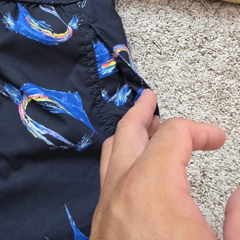 Tommy Bahama Marlin Swim Trunks Mens 3XLT Black Blue Tropical Fishing Board